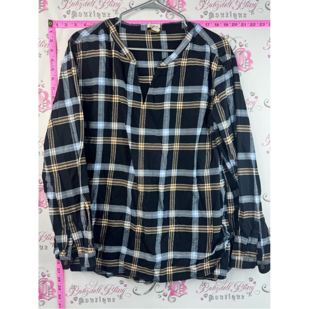 L.L. Bean shirt long sleeves Black navy brown Plaid Split-Neck Long-Sleeve Tunic